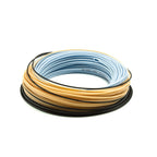 Coiled SA Amplitude Smooth Tarpon fishing line in blue, beige, and black on a white background