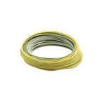 Coiled yellow and gray SA Amplitude Smooth Trout GP fishing line on a white background