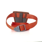 A brown Fishpond net holster made of nylon, designed to secure a fishing net. Back view with optional belt.