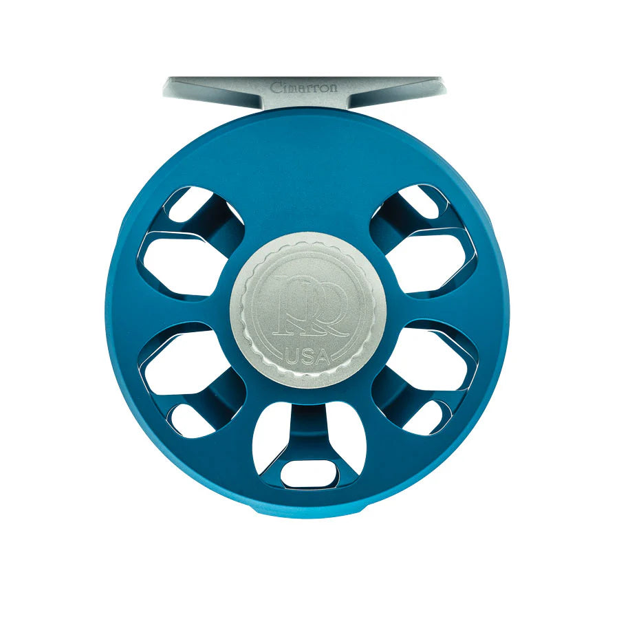 Blue Ross Cimarron fly fishing reel back view on a white background