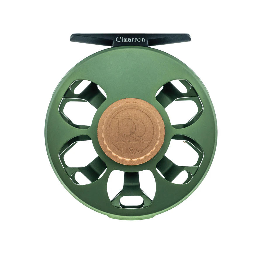 Green Ross Cimarron fly fishing reel back view on a white background