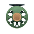 Green Ross Cimarron fly fishing reel back view on a white background
