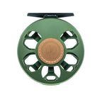 Green Ross Cimarron fly fishing reel back view on a white background