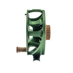 Green Ross Cimarron fly fishing reel side view on a white background