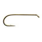 Gold-colored Daiichi 1280 dry fly fishing hook on a white background