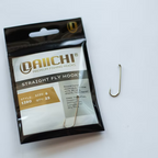 Packaged Daiichi straight fly hooks on a white background