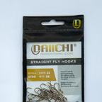 Pack of Daiichi 1750 straight fly hooks on a light gray background