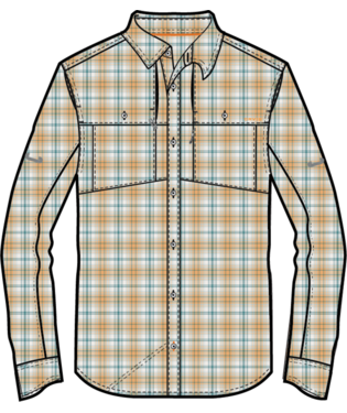Close-up of a long-sleeve plaid shirt in blue and white, showing the fabric texture and button-up collar.