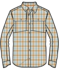 Close-up of a long-sleeve plaid shirt in blue and white, showing the fabric texture and button-up collar.