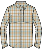 Close-up of a long-sleeve plaid shirt in blue and white, showing the fabric texture and button-up collar.