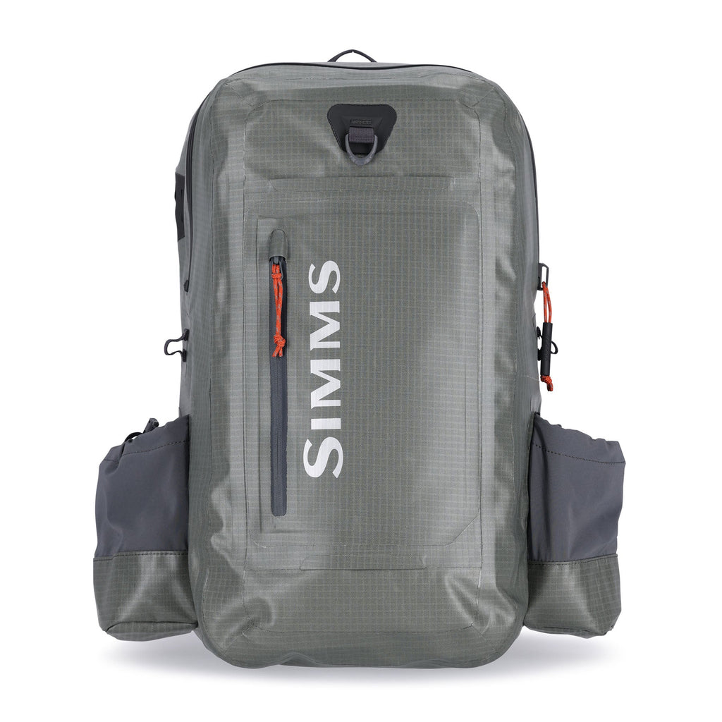 Gray Gray Simms Dry Creek Z Backpack with orange 'Simms' logo on a white background