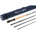 Fishing rod with components and blue Echo Lift case on a white background