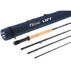 Fishing rod with components and blue Echo Lift case on a white background