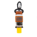 An orange and black Fishpond floatant bottle holder with a quick clip and stretchable elastic holder, designed for attaching to a vest or pack.
