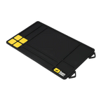 Black fly tying mat with yellow accents on a white background