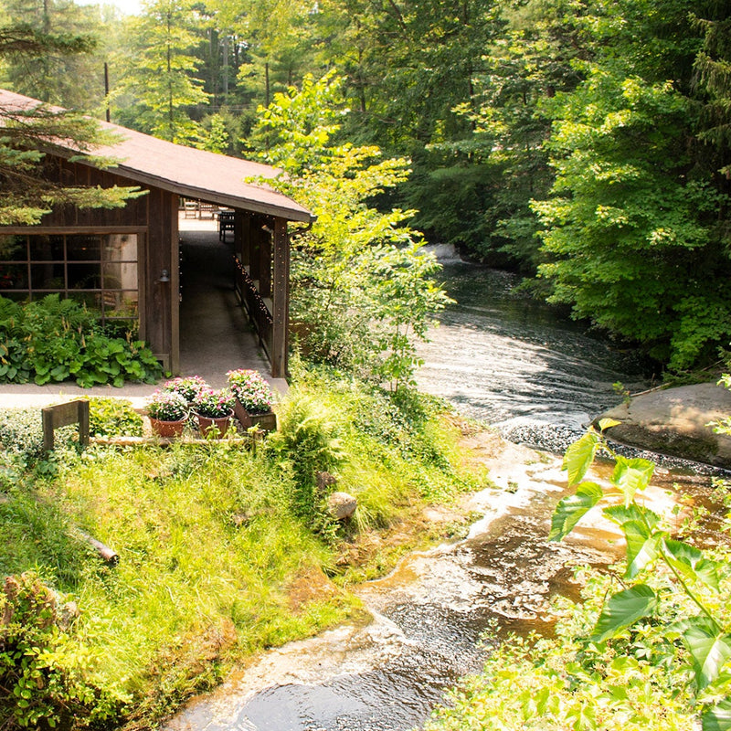 Pine Lake Trout Club. View of the lodge with the creek.