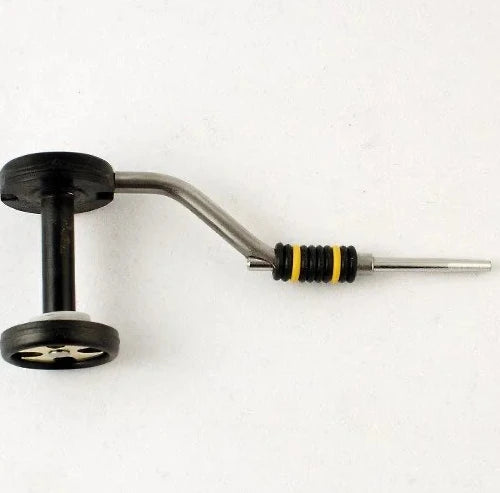 A Rite Bobbin Half Hitch with a black and green handle, a silver metal guide, and a yellow and black striped resistance band, isolated on a white background.