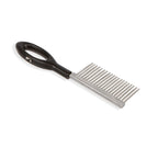 An ergonomic black powder-coated comb with a stainless steel shaft and teeth, designed for fly tying in fishing.
