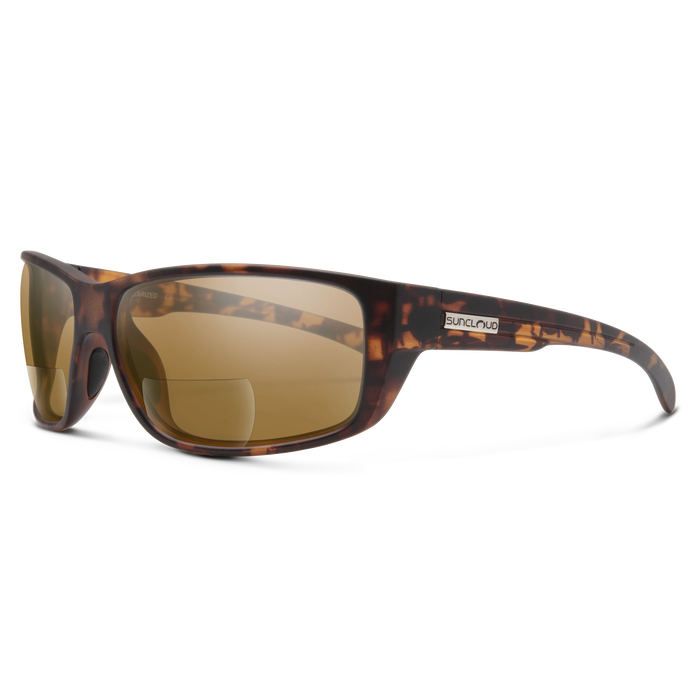 A pair of brown and black Suncloud Milestone reader sunglasses with polarized lenses and a wrap shape.