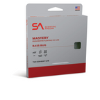 Packaging for SA Mastery Freshwater Floating Fly Line, specifically designed for bass fishing. The package is predominantly white and red with images of the product and some descriptive text.