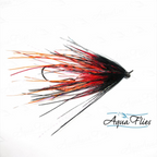A fly fishing lure with a black body, red and orange feathering, and a single hook, shown on a white background with an Aqua Flies logo watermark.