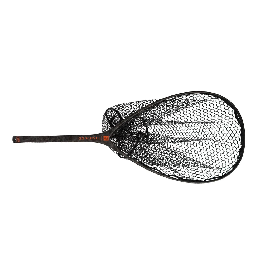 A black fly-angling net with a black mesh body, black frame, and a textured black handle featuring orange branding, shown against a solid white background.