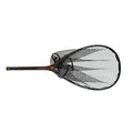 A black fly-angling net with a black mesh body, black frame, and a textured black handle featuring orange branding, shown against a solid white background.