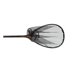 A black fly-angling net with a black mesh body, black frame, and a textured black handle featuring orange branding, shown against a solid white background.