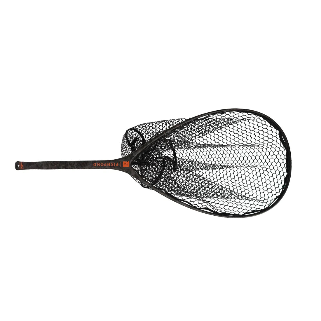A black fly-angling net with a black mesh body, black frame, and a textured black handle featuring orange branding, shown against a solid white background.