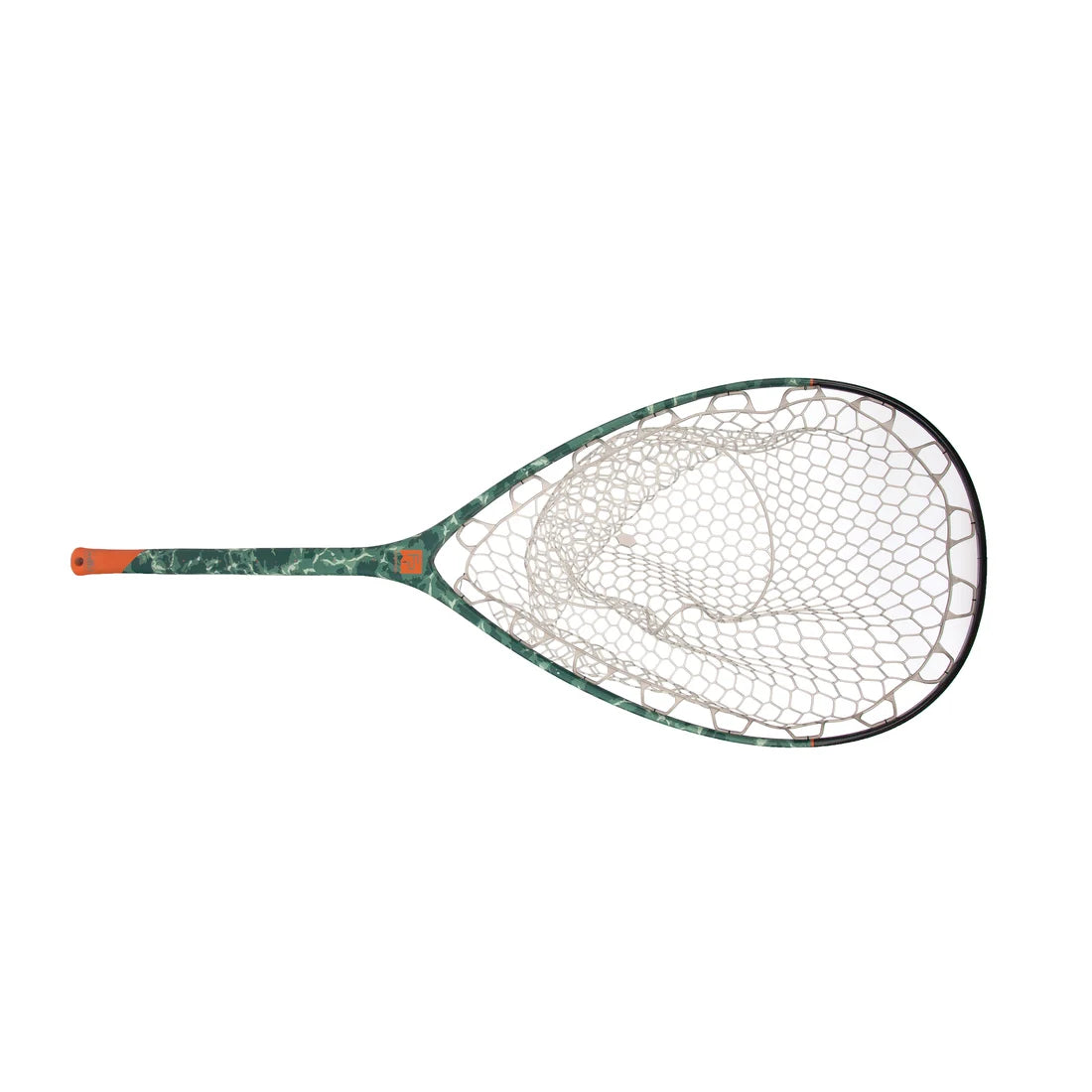 A Fishpond landing net with a green and black marbled frame, white mesh netting, and an orange accent on the handle, shown against a plain white background.