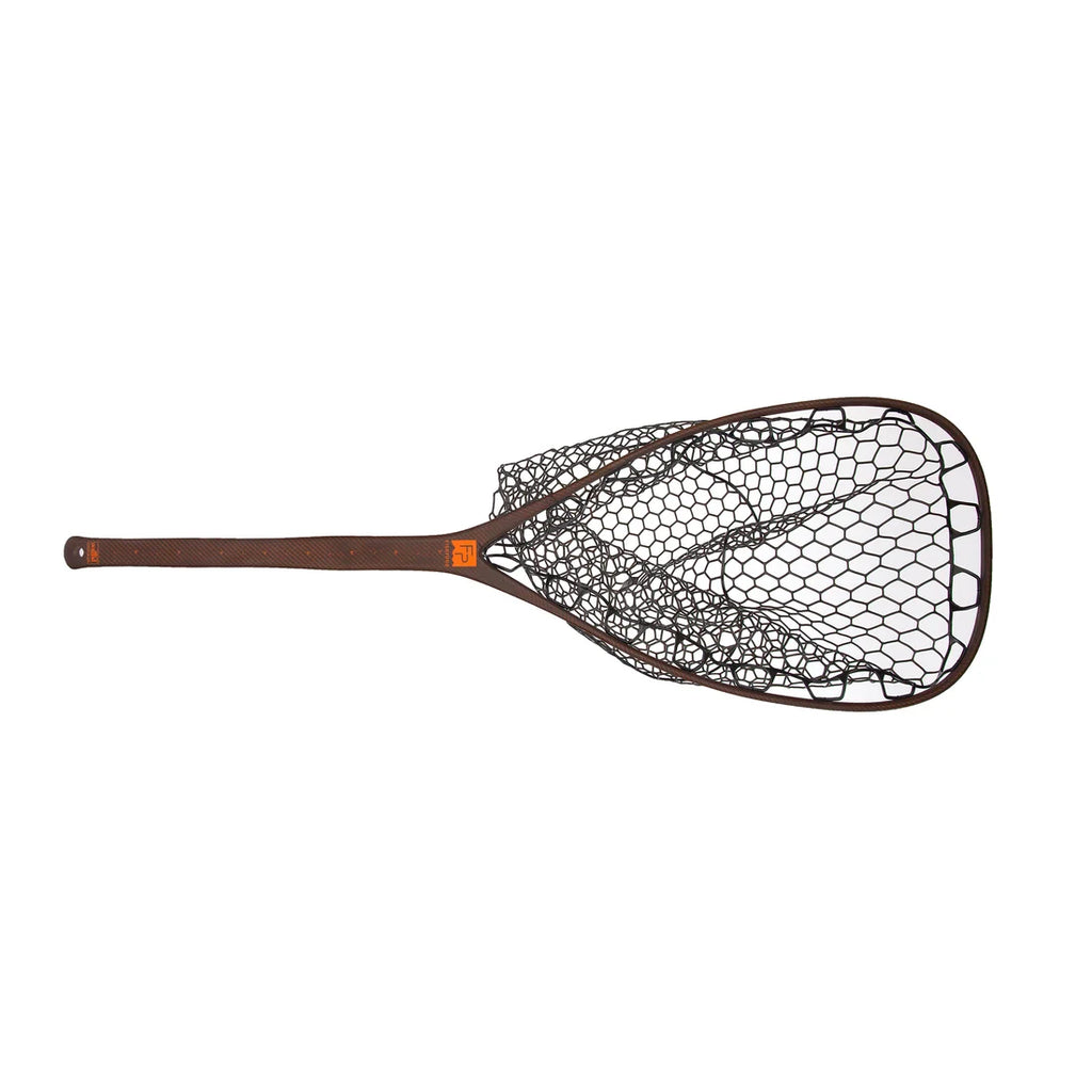 A fly fishing landing net with a dark brown wooden frame and handle, black mesh netting, and a small orange accent near the throat, shown against a plain white background.