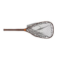 A fly fishing landing net with a dark brown wooden frame and handle, black mesh netting, and a small orange accent near the throat, shown against a plain white background.