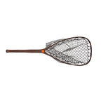 A fly fishing landing net with a dark brown wooden frame and handle, black mesh netting, and a small orange accent near the throat, shown against a plain white background.