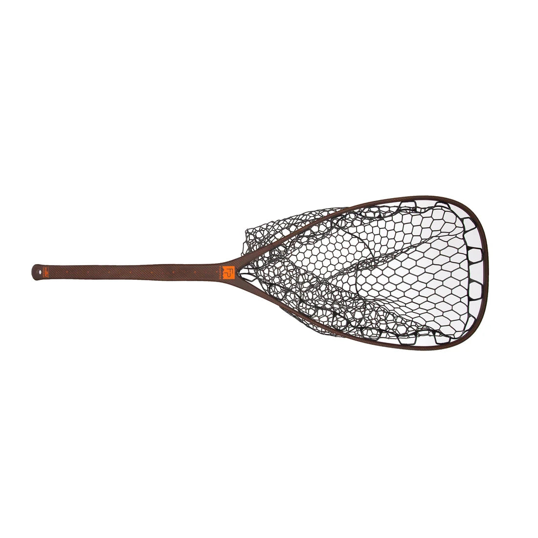 A fly fishing landing net with a dark brown wooden frame and handle, black mesh netting, and a small orange accent near the throat, shown against a plain white background.