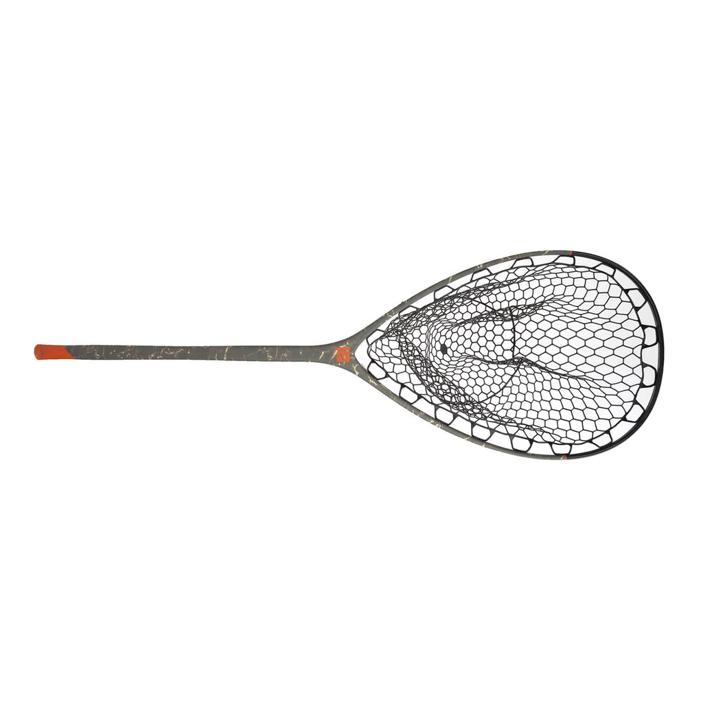 A fish landing net with a dark gray and black carbon frame and a black mesh net, featuring a bright orange accent on the butt of the shaft and a small orange logo, shown against a plain white background.