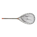A fish landing net with a dark gray and black carbon frame and a black mesh net, featuring a bright orange accent on the butt of the shaft and a small orange logo, shown against a plain white background.