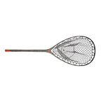 A fish landing net with a dark gray and black carbon frame and a black mesh net, featuring a bright orange accent on the butt of the shaft and a small orange logo, shown against a plain white background.