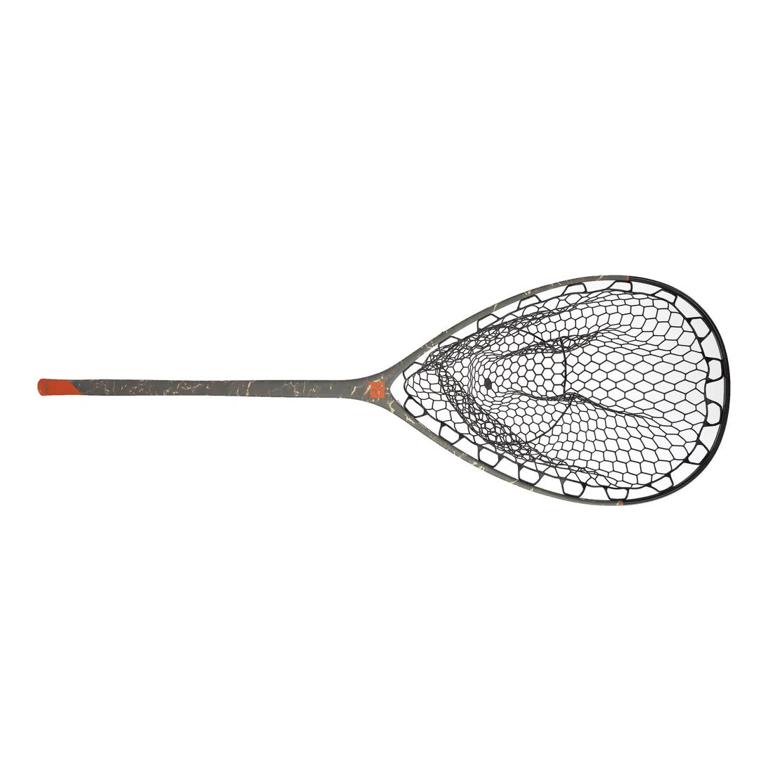 A fish landing net with a dark gray and black carbon frame and a black mesh net, featuring a bright orange accent on the butt of the shaft and a small orange logo, shown against a plain white background.