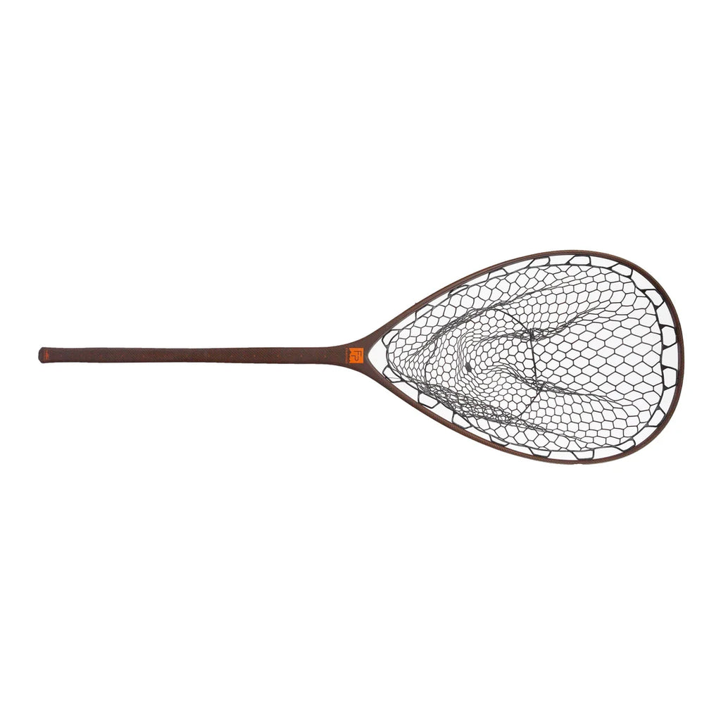A fish landing net with a dark brown wooden frame and a black mesh net, shown horizontally against a plain white background.