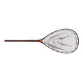 A fish landing net with a dark brown wooden frame and a black mesh net, shown horizontally against a plain white background.