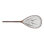 A fish landing net with a dark brown wooden frame and a black mesh net, shown horizontally against a plain white background.