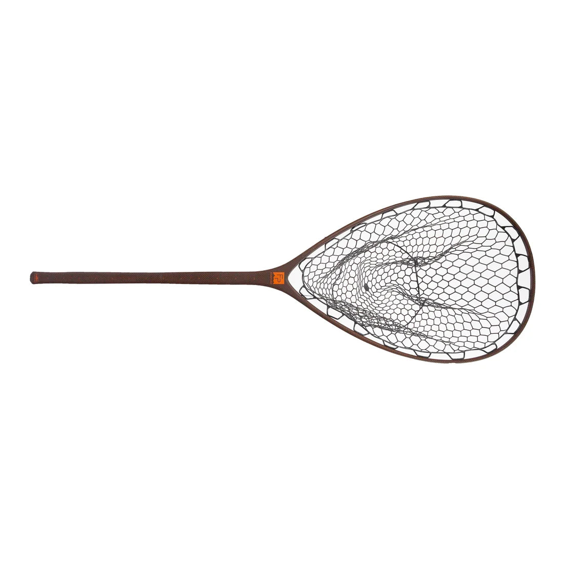 A fish landing net with a dark brown wooden frame and a black mesh net, shown horizontally against a plain white background.