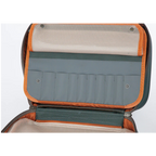 Close up of a fly tying travel bag with compartments on a white background