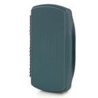 Teal plastic clip with a brand logo on a white background