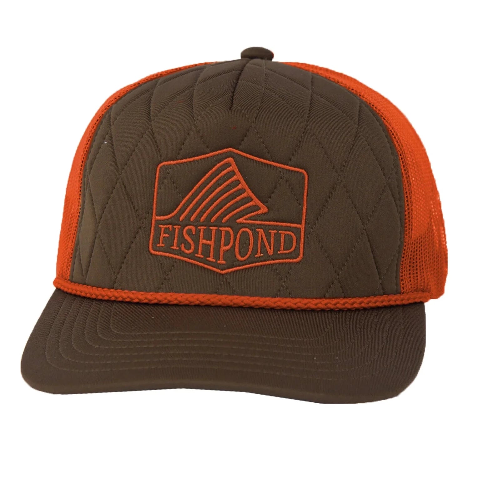 Brown and orange cap with Fishpond logo on a white background