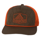 Brown and orange cap with Fishpond logo on a white background