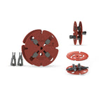 A portable line winder for fly fishing reels, consisting of a red spool with a gray and black mechanism, displayed with two additional gray spools.