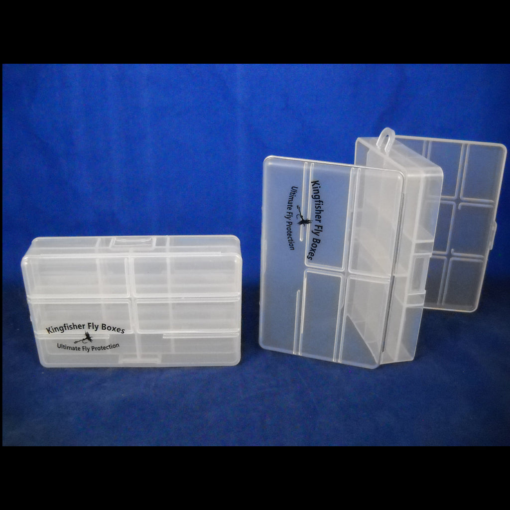 Two clear plastic fly fishing box containers on a blue background