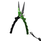 Fishing pliers with green handle on a white background