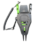 Fishing pliers with green handle and black sheath on a white background